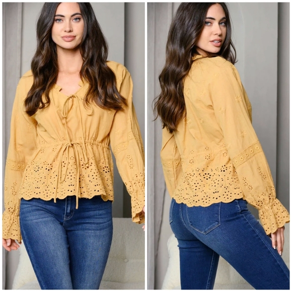 On Twelfth Tops - On Twelfth Boho Chic Golden Honey Eyelet Embroidered Detail Long Sleeves Top
